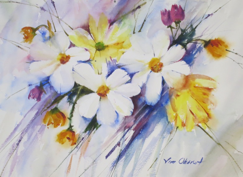 floral, still life, flower, daisy, bud, blossom, original, watercolor, painting, oberst